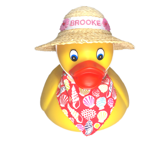 Personalized Rubber Duck with handcrafted Straw Bonnet and matching scarf | Ducks in the Window