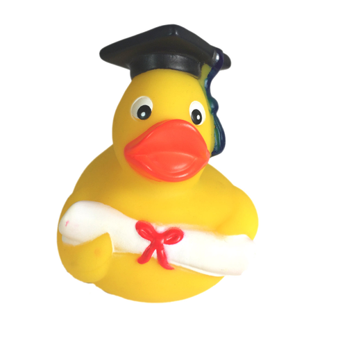 The Graduation Rubber Duck has its graduation cap and diploma in hand | Ducks in the Window